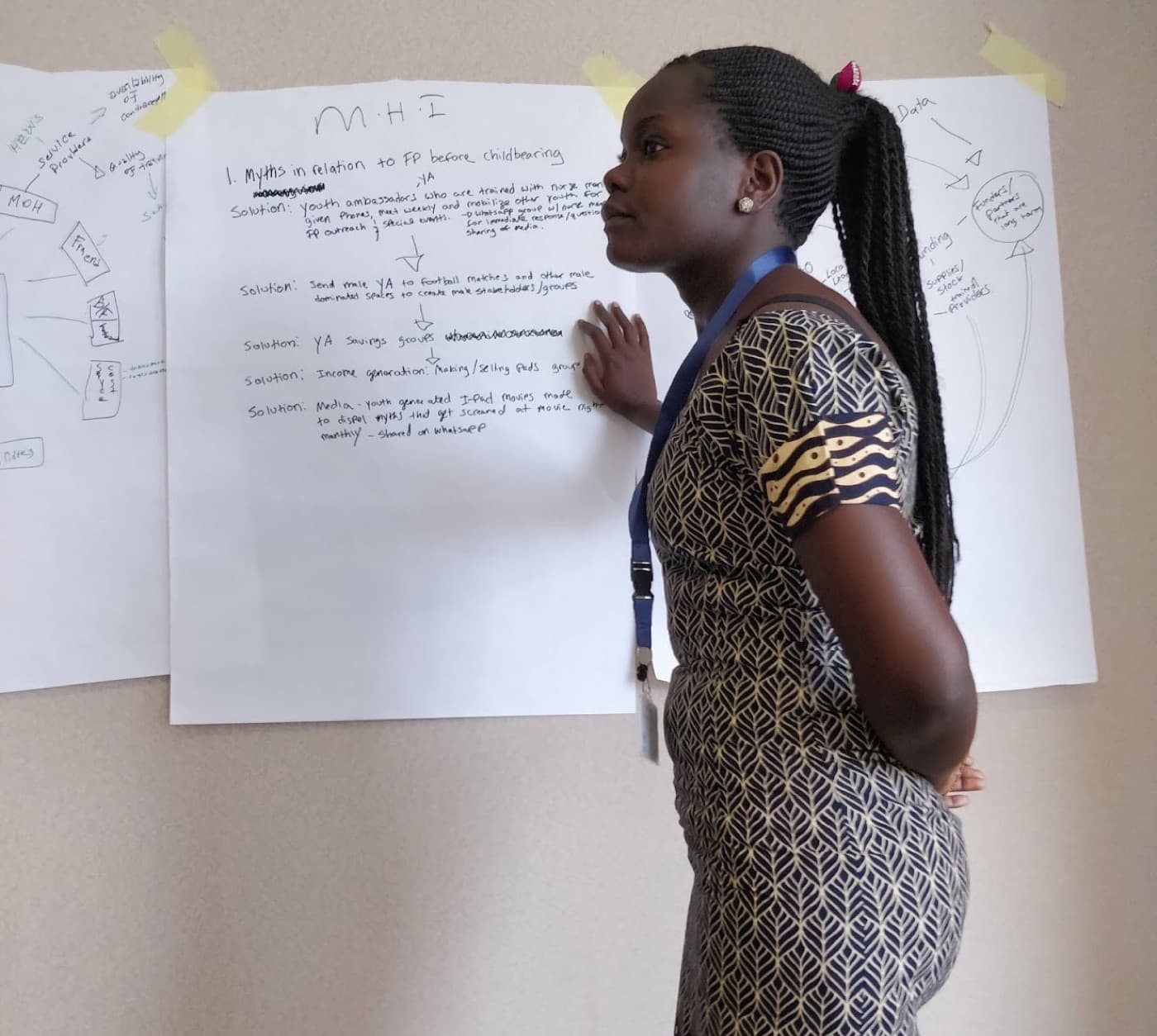 A student midwife presenting at a whiteboard